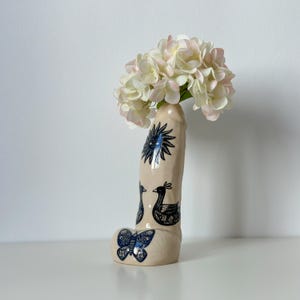 Ceramic handmade vase with black folk art animals motives - unique ceramic flower vase
