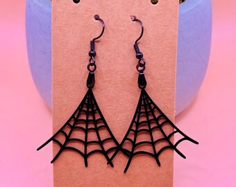 Black Cobwebs dangle earrings, handmade jewelry, goth earrings, black spiderweb earrings, witchy spider earrings