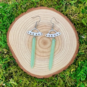 UFO Alien Abduction dangle earrings in opalite, amethyst, jasper, aventurine, opalite or quartz