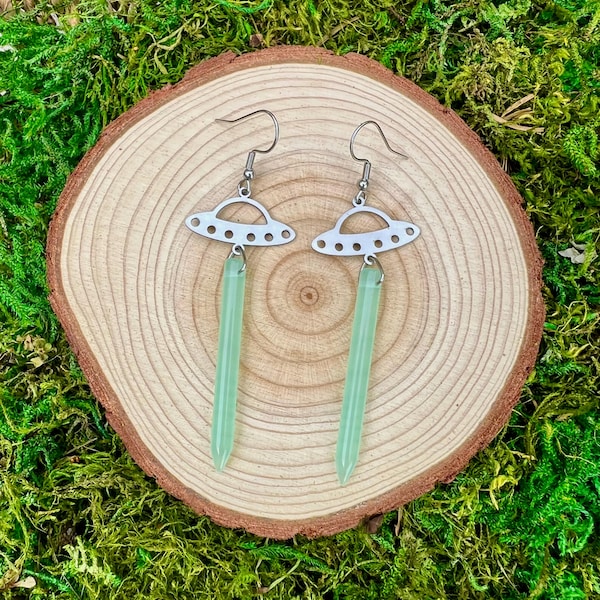 UFO Alien Abduction dangle earrings in opalite, amethyst, jasper, aventurine, opalite or quartz