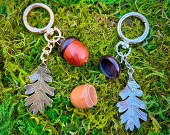 Acorn of Secrets- wooden locket bag charm/keychain with rosewood acorn pendant and oak leaf charm