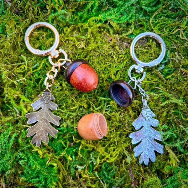 Acorn of Secrets- wooden locket bag charm/keychain with rosewood acorn pendant and oak leaf charm