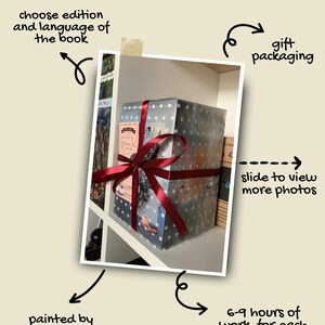 May include: A wrapped book with a red ribbon, presented as a gift. The book is wrapped in a blue and white polka dot paper. The text on the image says "choose edition and language of the book" and "painted by hand".