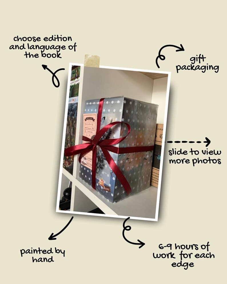 May include: A wrapped book with a red ribbon, presented as a gift. The book is wrapped in a blue and white polka dot paper. The text on the image says "choose edition and language of the book" and "painted by hand".