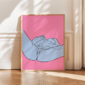 May include: A line drawing of a person's body on a pink background. The person's hands are touching their body.