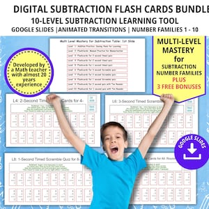 Digital Subtraction Flashcards, 10-Level Bundle, Math Practice, Math Facts, Flash Cards, Homeschool Education, Subtraction, Math Activities