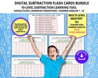 May include: A colorful digital subtraction flashcard bundle for Google Slides. The bundle includes 10 levels of subtraction learning tools for number families 1-10. The image shows a child holding up a flashcard with a subtraction problem. The text on the image says "Multi-Level Mastery for Subtraction Number Families Plus 3 Free Bonuses".