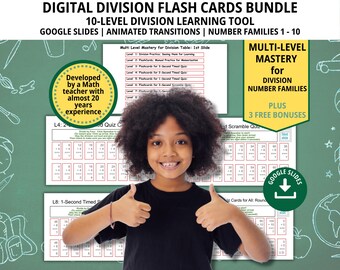 May include: A young girl smiles and gives a thumbs up while holding a Google Slides presentation for a 10-level division learning tool. The presentation includes animated transitions and number families 1-10. The title of the presentation is "Digital Division Flash Cards Bundle".