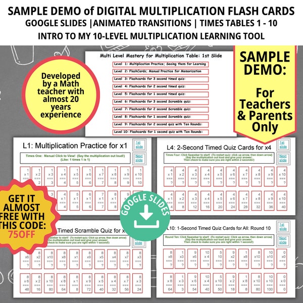 Multiplication Times Table Flashcards, Sample Multiplication Learning Tool, Math Practice, Multiplication Table, Math Facts, Flash Cards