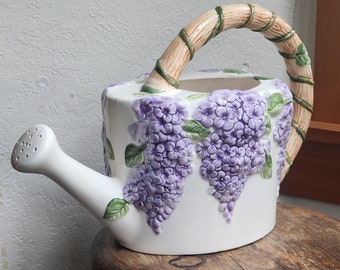 Vintage Lilacs Ceramic Watering Can House Plant Flower Vase Table Decor Centerpiece Spring Cottagecore Country Chic Garden Tool Gift