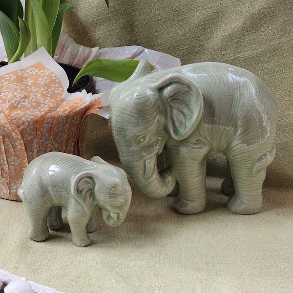 Vintage Handmade Ceramic Thai Elephants Mother and Calf Set Figurines Sculpture Sage Green Bookshelf Home Decor Patio Garden Decor Gift