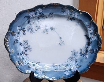 Antique English Porcelain Ridgway Lugano Flow Blue Oval Platter Hand Painted Delicate Flower Blossoms Decorative Wall Art Cottagecore Gift