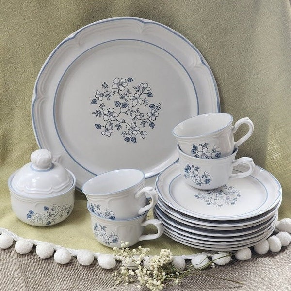 Vintage Covington Stoneware Avondale Collection Replacement Serving Platter Plates Coffee Mugs Lidded Sugar Bowl Blue Flowers Cottagecore