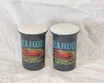 Vintage Lobster & Seafood Ceramic Salt and Pepper Shakers: Navy Blue - Coastal Tableware