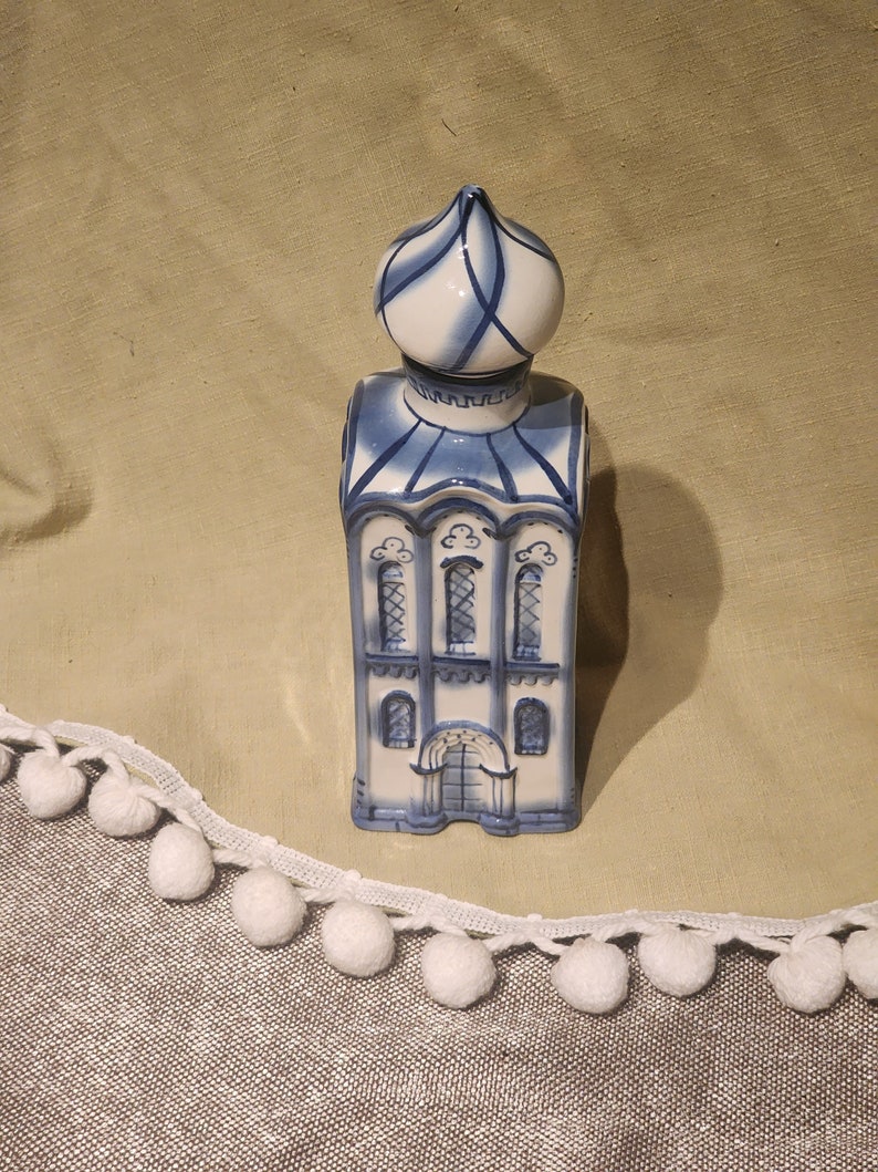 Vintage keramische blauw-witte handbeschilderde torenpot in Turkse stijl met deksel keukeningrediënten cadeau afbeelding 2