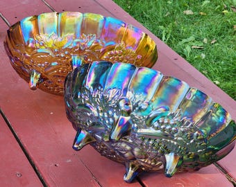 Vintage Indiana Glass Blue or Marigold Carnival Glass Footed Fruit