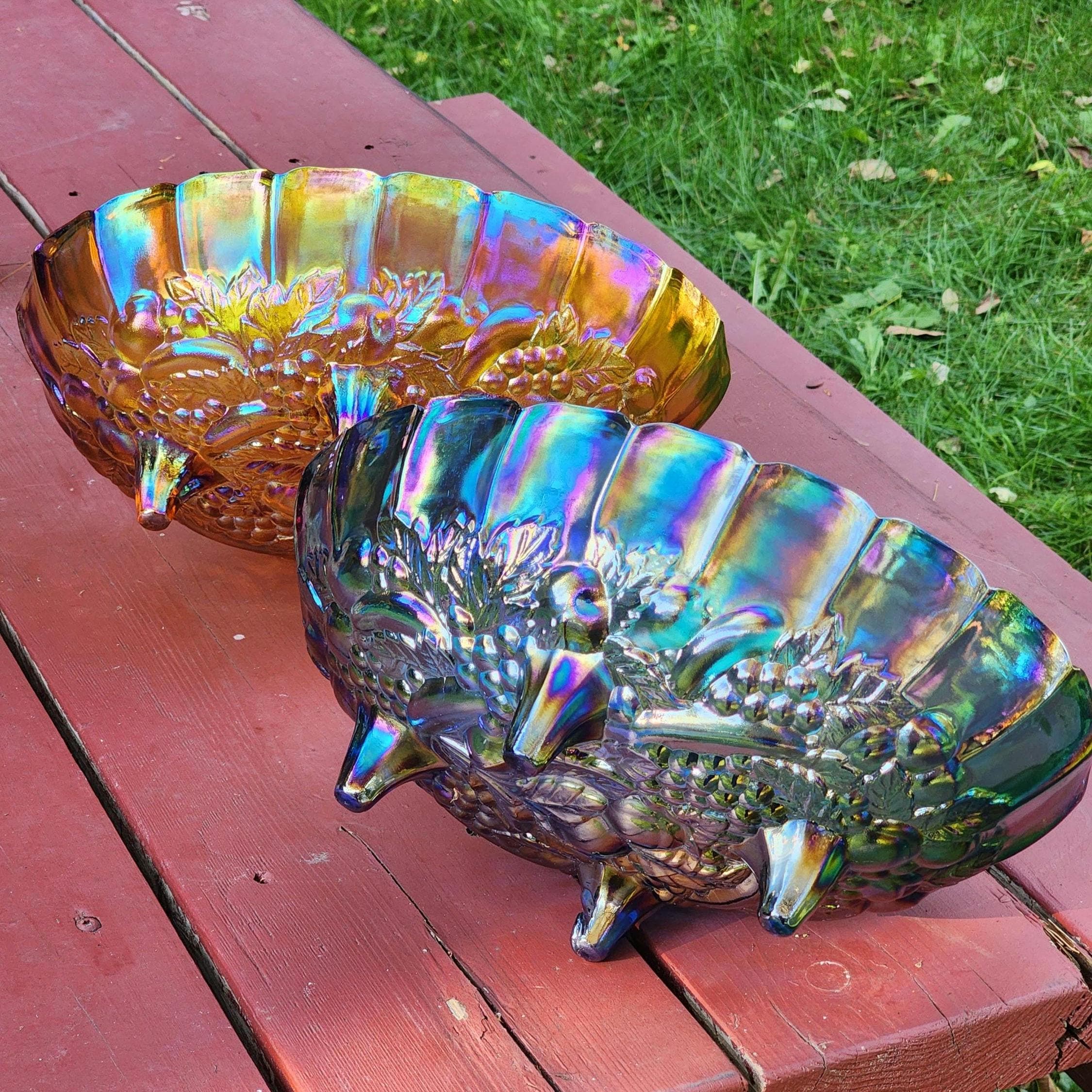 Vintage Indiana Glass Blue or Marigold Carnival Glass Footed Fruit