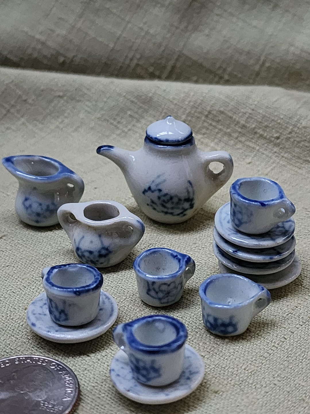 Antique Handmade Hand Painted Mini Ceramic Tea Set Dollhouse Home Decor ...