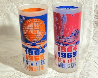 Vintage 1964-65 New York Worlds Fair Glass Tumblers, Unisphere, Pool of Industry