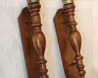 Vintage Wood Wall Sconces: Candlestick Holders, Brass