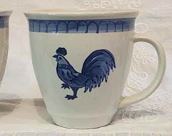 Vintage Large Stoneware Rooster Mug: Tienshan Folk Craft, Blue and White