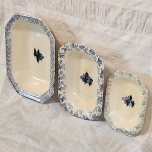 May include: Set of three off-white ceramic serving dishes with a blue floral border and a blueberry cluster design in the center. The dishes are rectangular with slightly rounded corners. The largest dish is approximately 12 inches long.