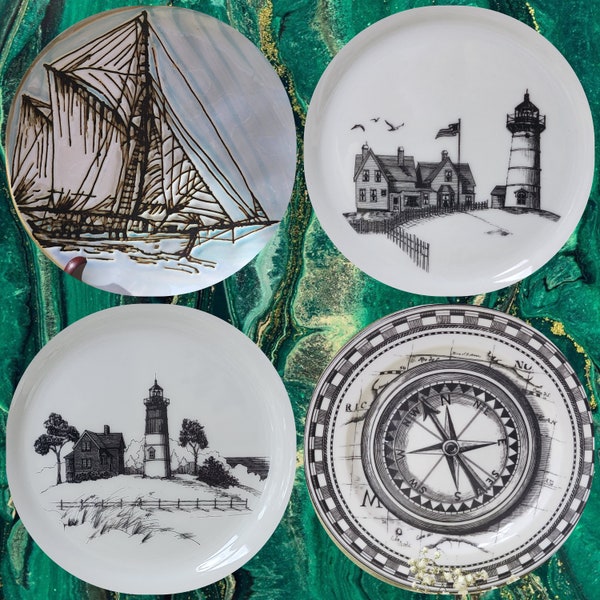 Vintage Nautical Plates Mixed Set 4 Clipper Ship Sailing Lighthouse Compass Rose Maine Home Decor Sea Ocean Cottagecore Homestead Wall Art