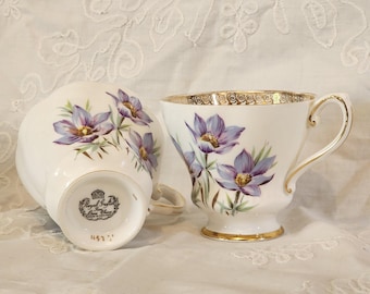 Vintage Grafton Bone China Teacups, Made in England, Manitoba Crocus Design, Purple and Gold