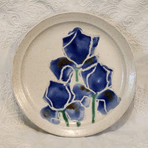 Puede incluir: Un plato redondo de cerámica blanquecina con un borde elevado. El plato presenta un diseño pintado a mano de flores de iris azules con tallos verdes y detalles marrones. Las flores son el punto focal del diseño.