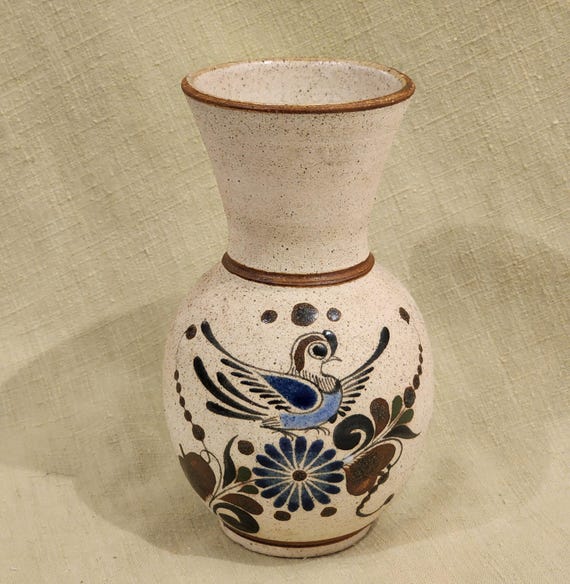 ヴィンテージ メキシコ トナラ陶器 花瓶：手描きの青い鳥、花、蝶