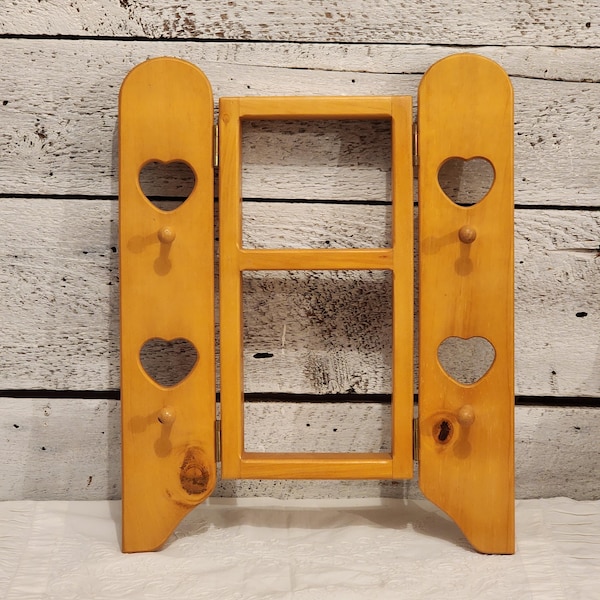 Vintage Wood Wall Shelf: Heart Cutouts, Peg Hooks, Country Cottage Decor