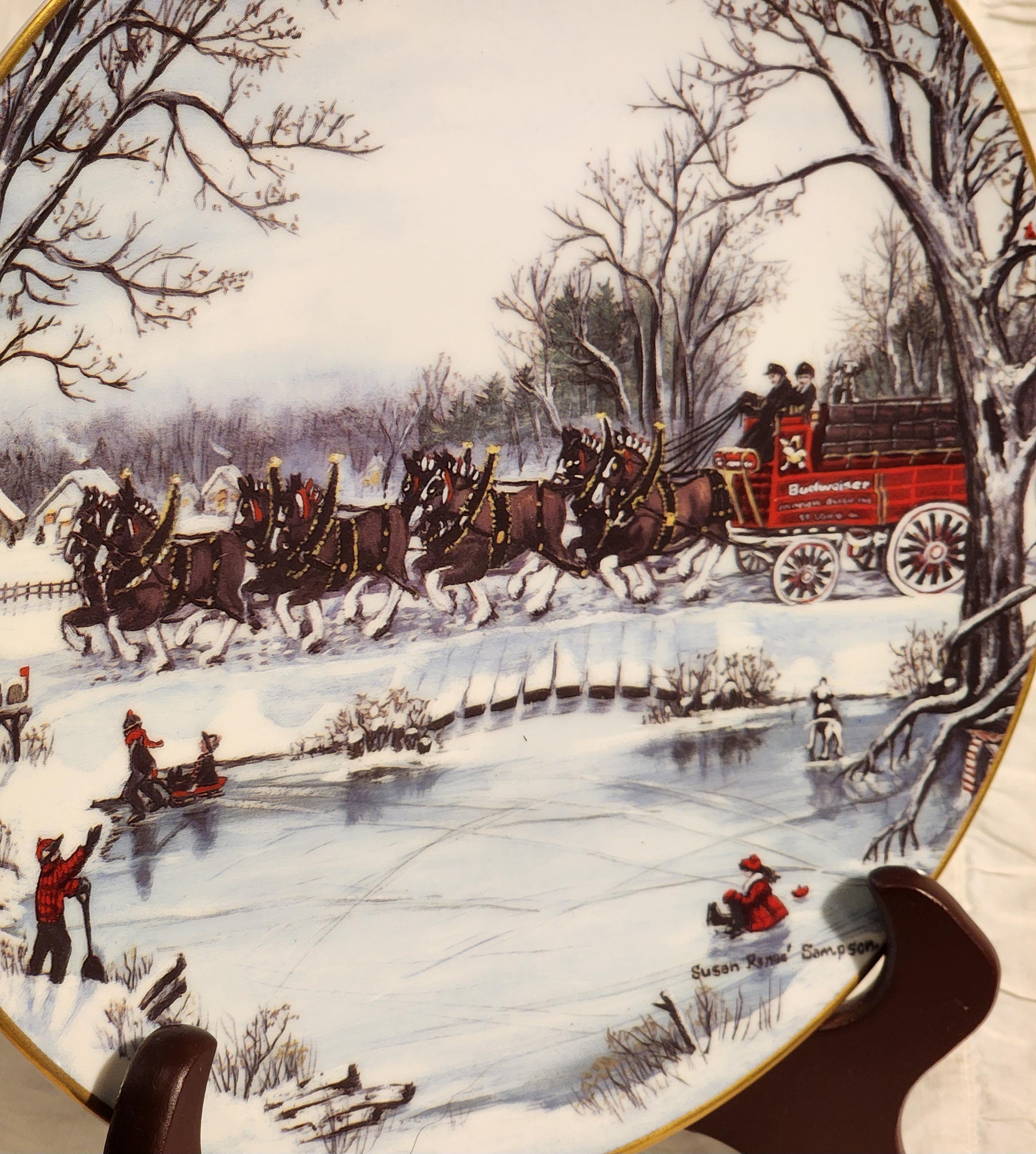 アンティーク　Budweiser エッチングプレート Vintage 1990 Budweiser Clydesdale Christmas Decorative Plate