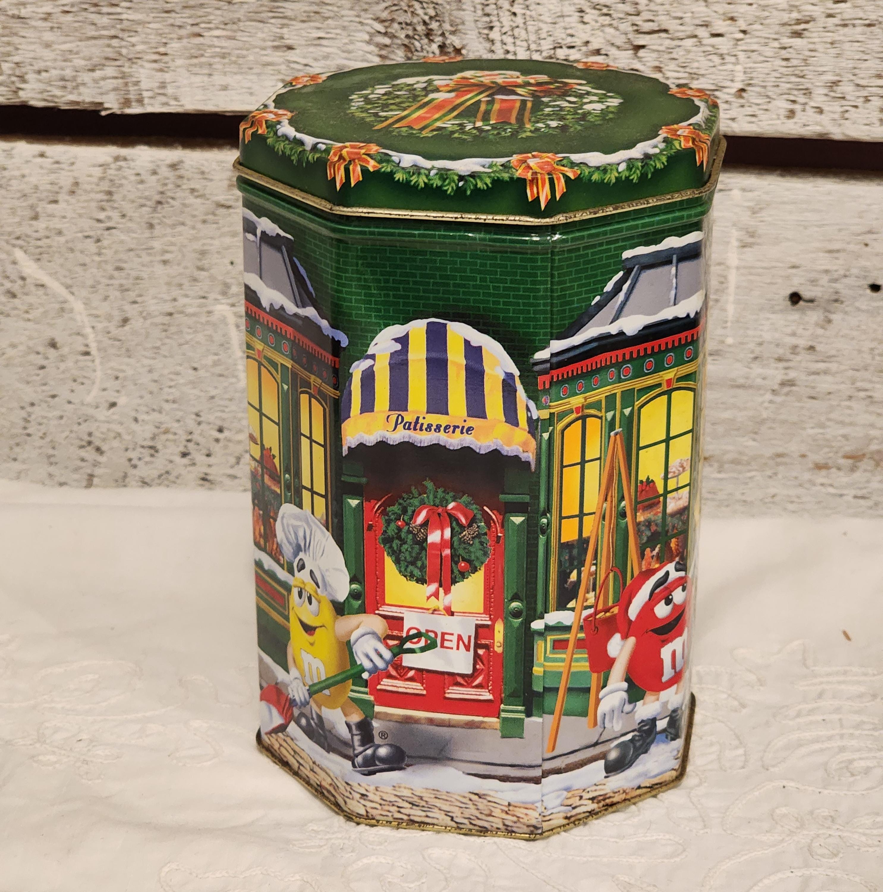 Vintage 1998 M&m Christmas Tin Canister, Octagon Shape, Holiday