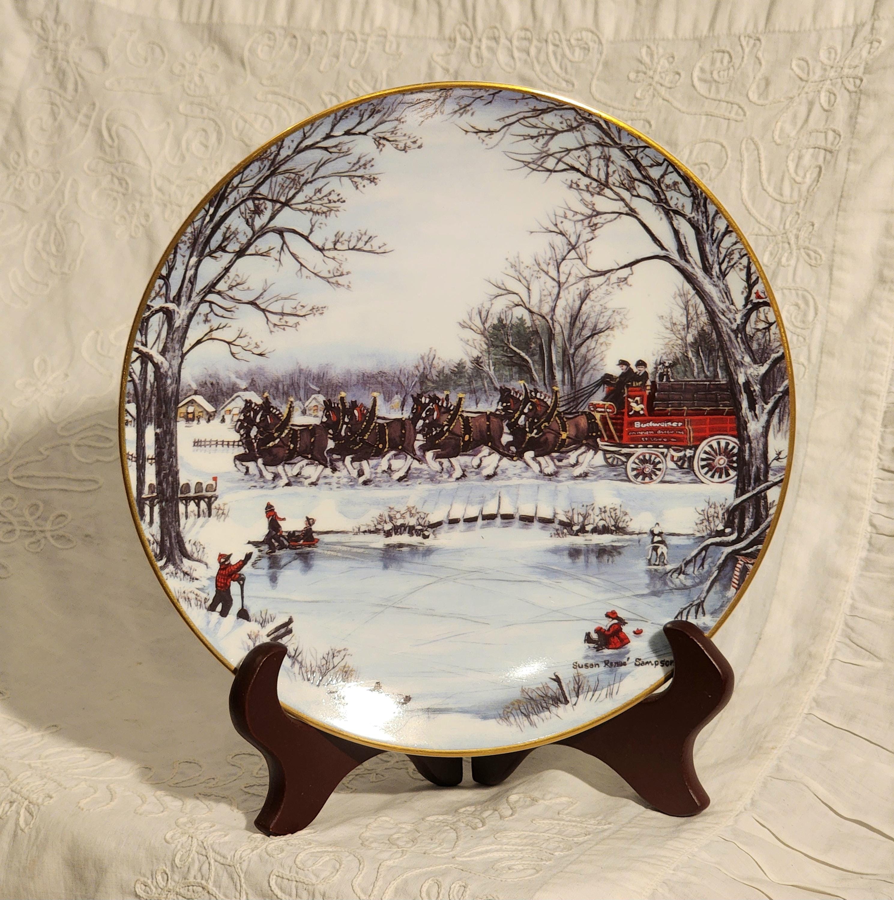 アンティーク　Budweiser エッチングプレート Vintage 1990 Budweiser Clydesdale Christmas Decorative Plate