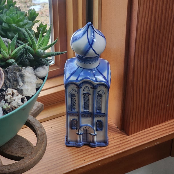 Vintage ceramic blue and white handpainted Turkish style architecture tower jar with lid kitchen ingredients gift