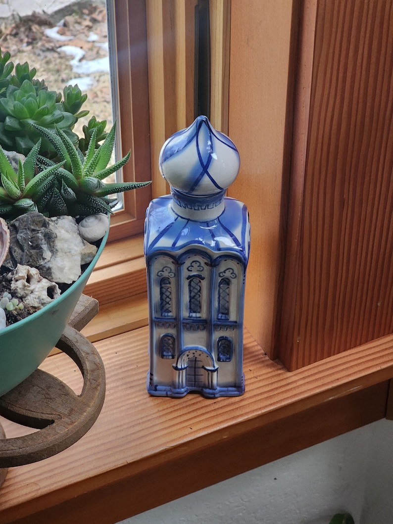 Vintage keramische blauw-witte handbeschilderde torenpot in Turkse stijl met deksel keukeningrediënten cadeau afbeelding 1