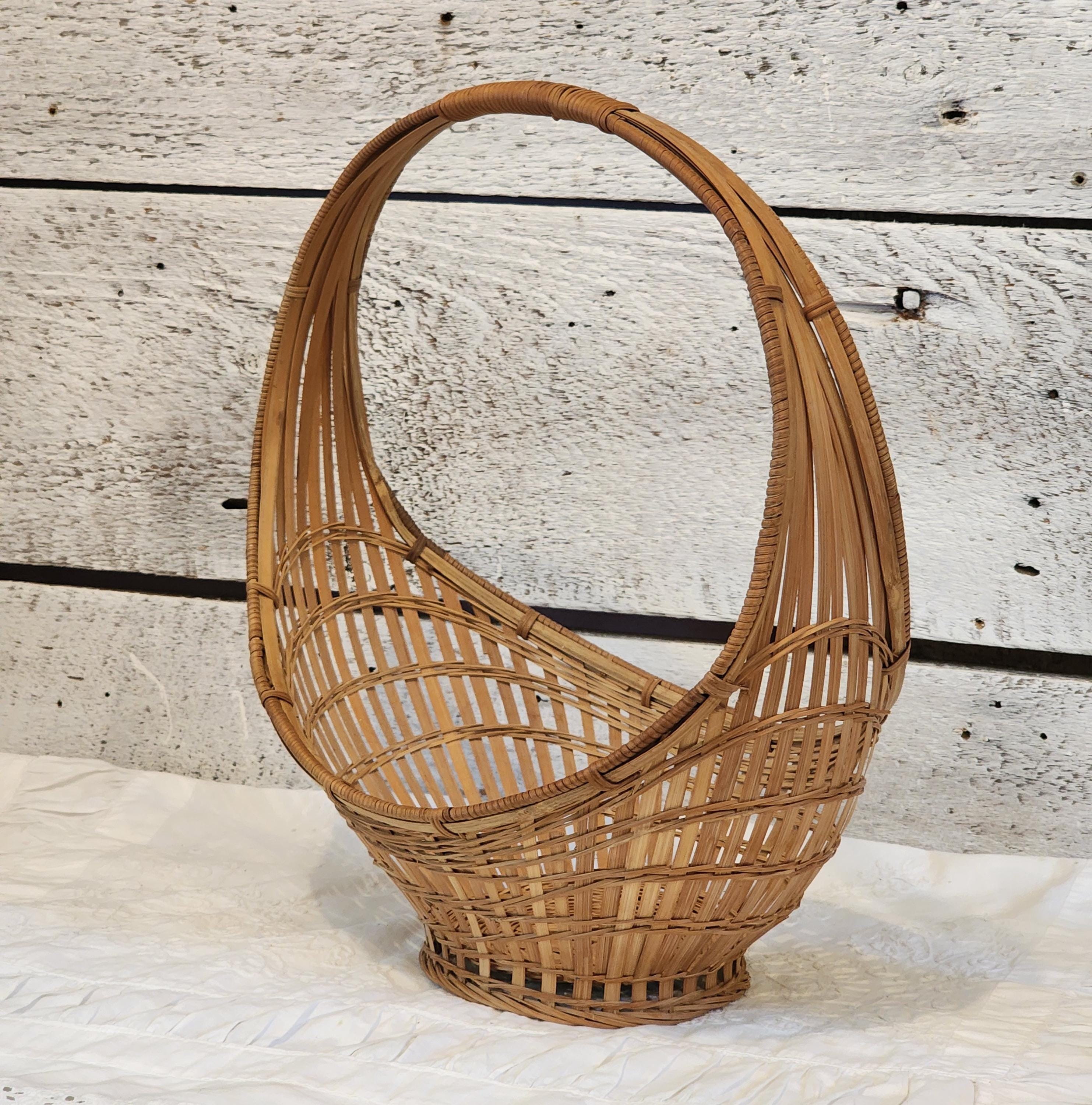 ヴィンテージの竹編みバスケット、長方形のボート型バスケット