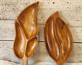 Vintage Monkey-Pod Wood Leaf Platters, Handmade in Philippines, Divided Bowls, Midcentury Modern
