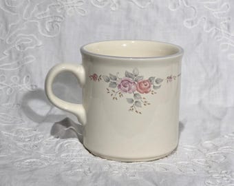 Vintage Pfaltzgraff Tea Rose Ceramic Mug: Ivory White with Pink Flowers