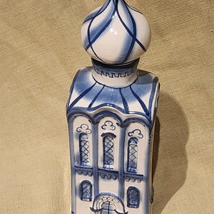 Vintage keramische blauw-witte handbeschilderde torenpot in Turkse stijl met deksel keukeningrediënten cadeau afbeelding 4