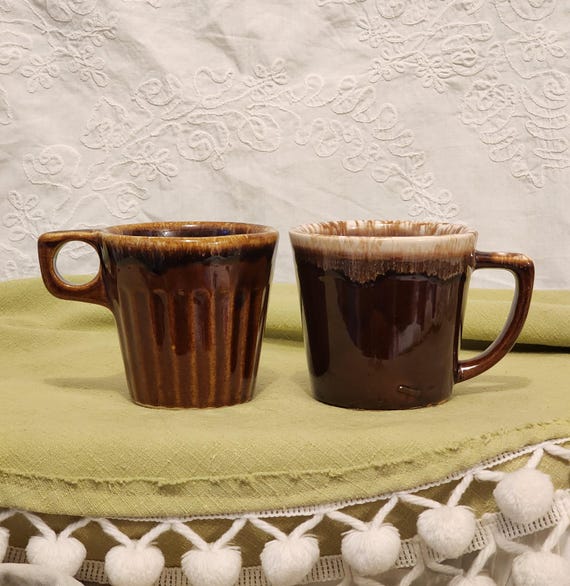 Vintage Brown Drip Ceramic Mugs: Mismatched Set of 2, 1970s Retro Coffee  Cups