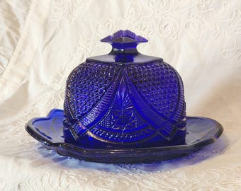 Antique Cobalt Glass Dish with Lid: US Glass Co. "Massachusetts" Design
