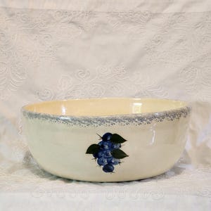 May include: Cream-colored ceramic bowl with a blue and green blueberry design. The bowl has a wide, shallow shape with a blue speckled rim. The blueberry illustration is centered on the bowl's exterior, adding a decorative touch to this kitchenware item.