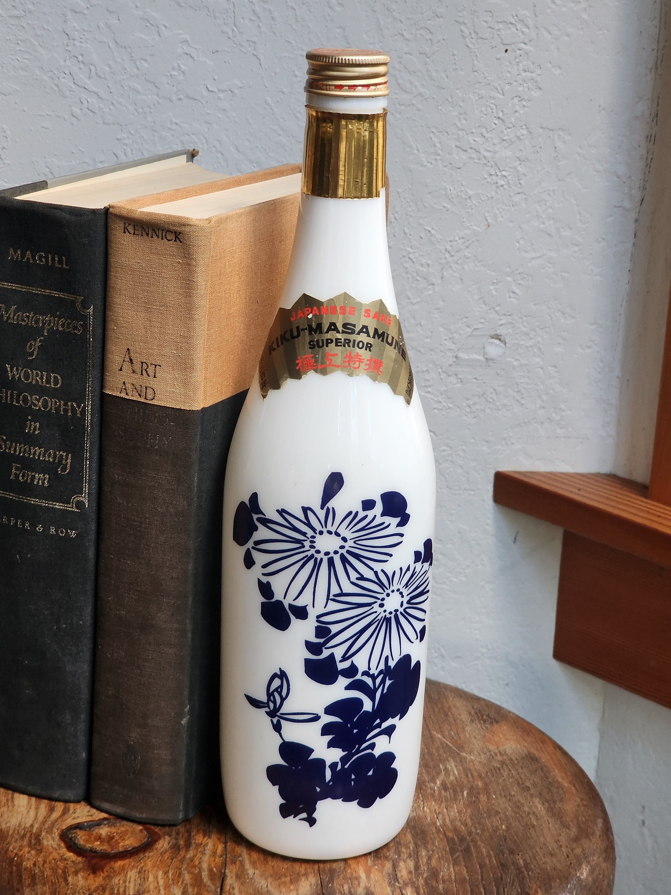 Vintage Kiku Masamune Sake Bottle: Blue Daisy Milk Glass Bar Decor