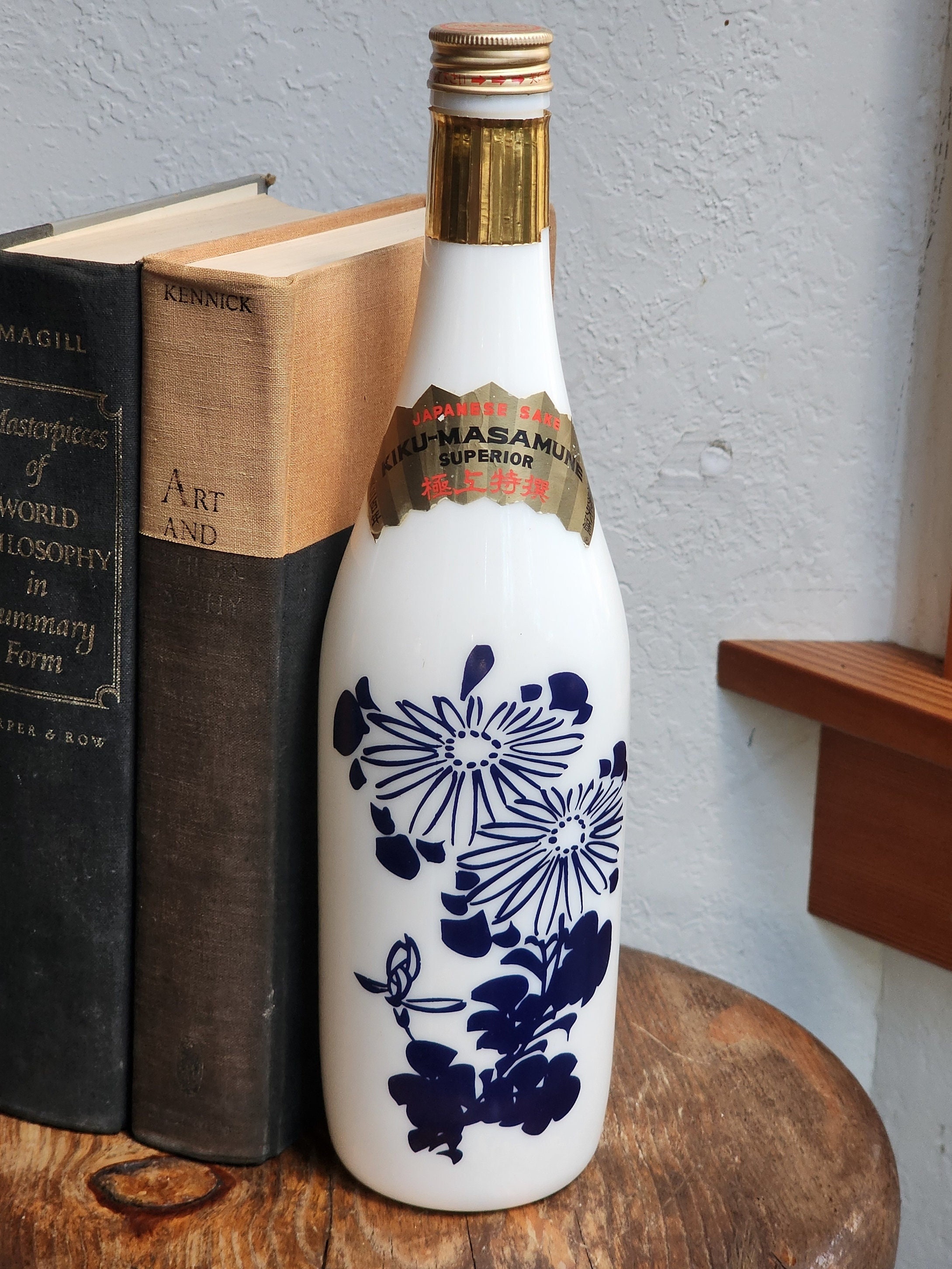 Vintage Kiku Masamune Sake Bottle: Blue Daisy Milk Glass Bar Decor