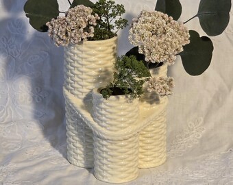 Vintage Japanese Ceramic Tri-Cylinder Vase: Woven Basket Design