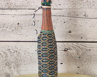 Vintage Refillable Spanish Liqueur Glass Bottle with Woven Plastic Sleeve- 1960s Retro Bar Decor