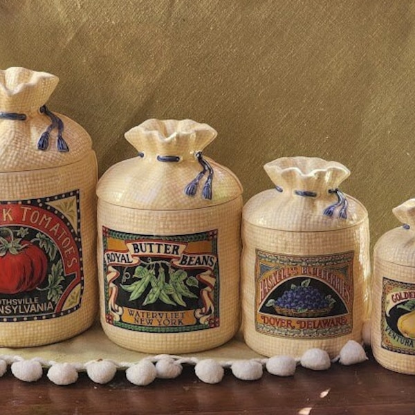 Vintage 1988 Heart & Home Ceramic Canister Set of 4 Burlap Sack Cottagecore Farmhouse Homestead Country Home Kitchen Decor