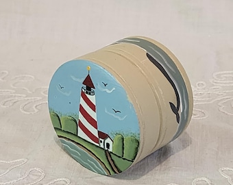 Handpainted Lighthouse and Whales Round Wood Jar, Herb Box, 2.5 inches Wide