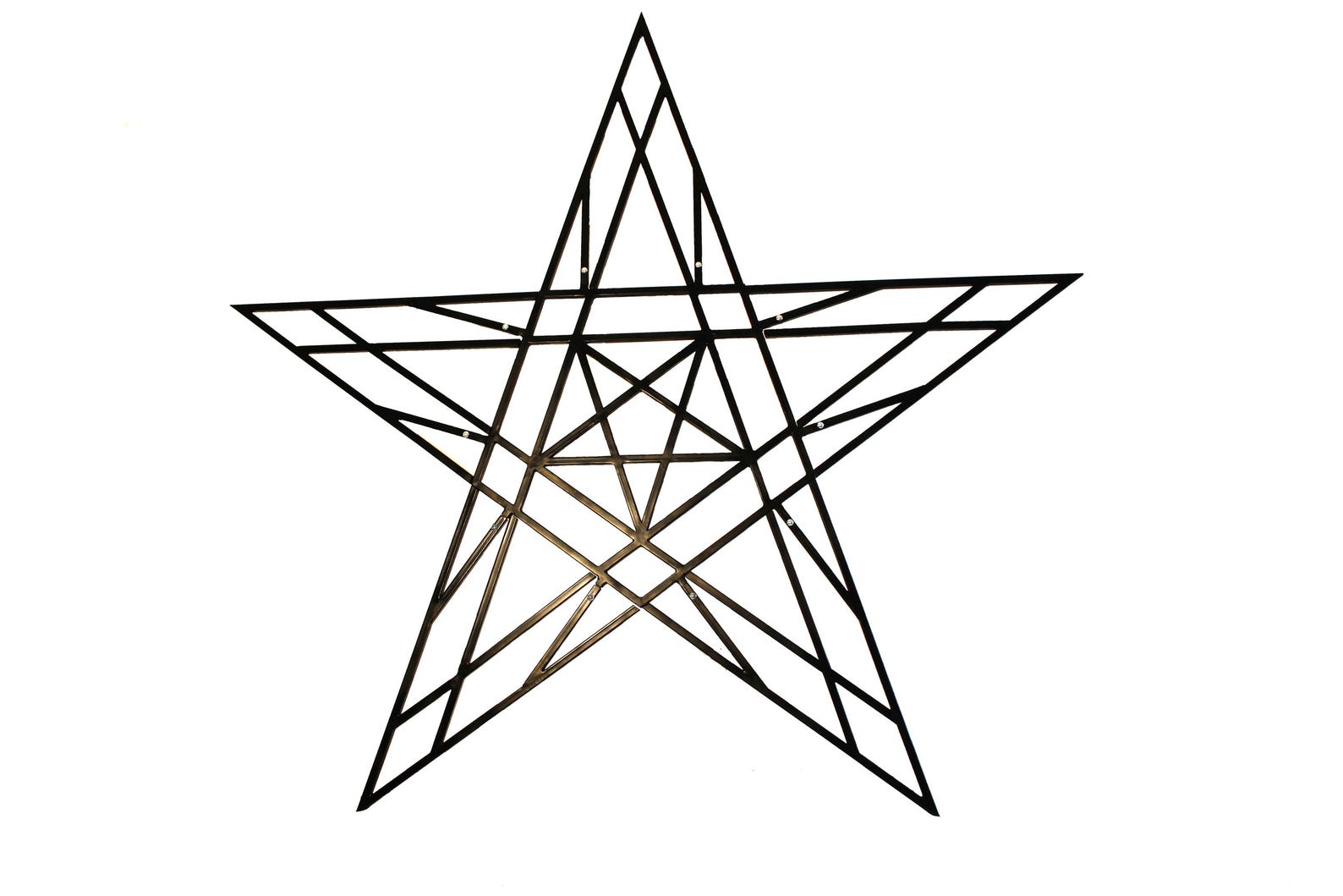 Flat view of collapsible metal bondage pentagram in star shape, designed for bdsm restraints or gothic fetish décor.